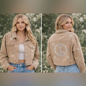 New Miss sparkling tan denim embroidered jean jacket sz S peace